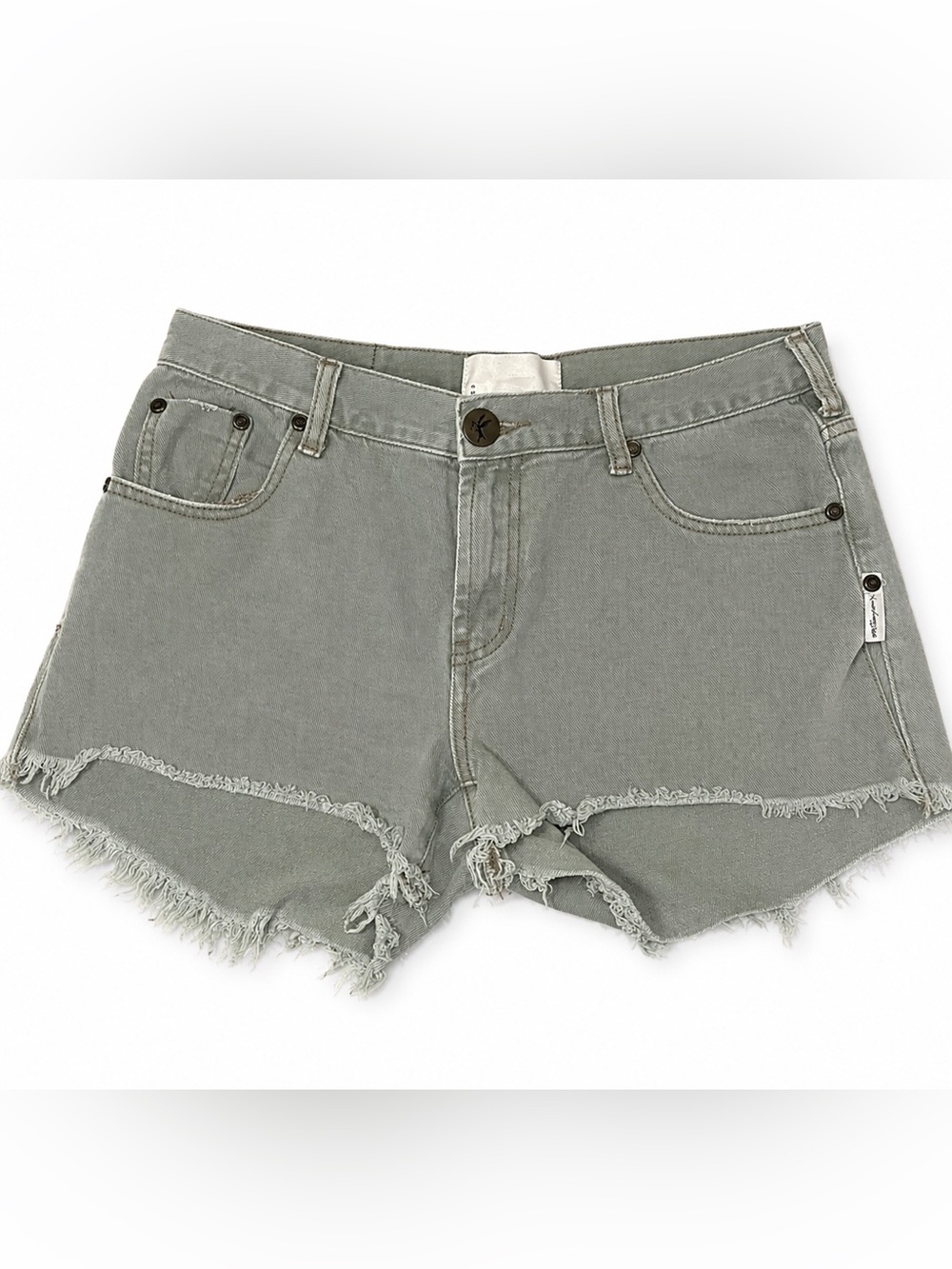 One Teaspoon Marlons Denim Shorts Sage Green Frayed Raw Hem Size 26